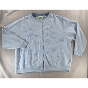 Vintage Cottagecore Floral Embroidered Cardigan 3X Blue Coastal Grandmother Soft